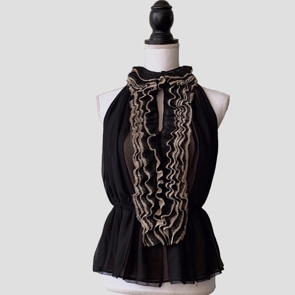 ROBERT RODRIGUEZ TWO TONE SHEER CHIFFON SLEEVELESS RUFFLE PEPLUM BLOUSE - Picture 12 of 16